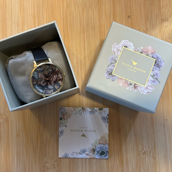 OLIVIA BURTON WATCH WITH 38mm BLACK FACE WITH BUTTERFLYS & BLAK BAND - Picture 5 of 6